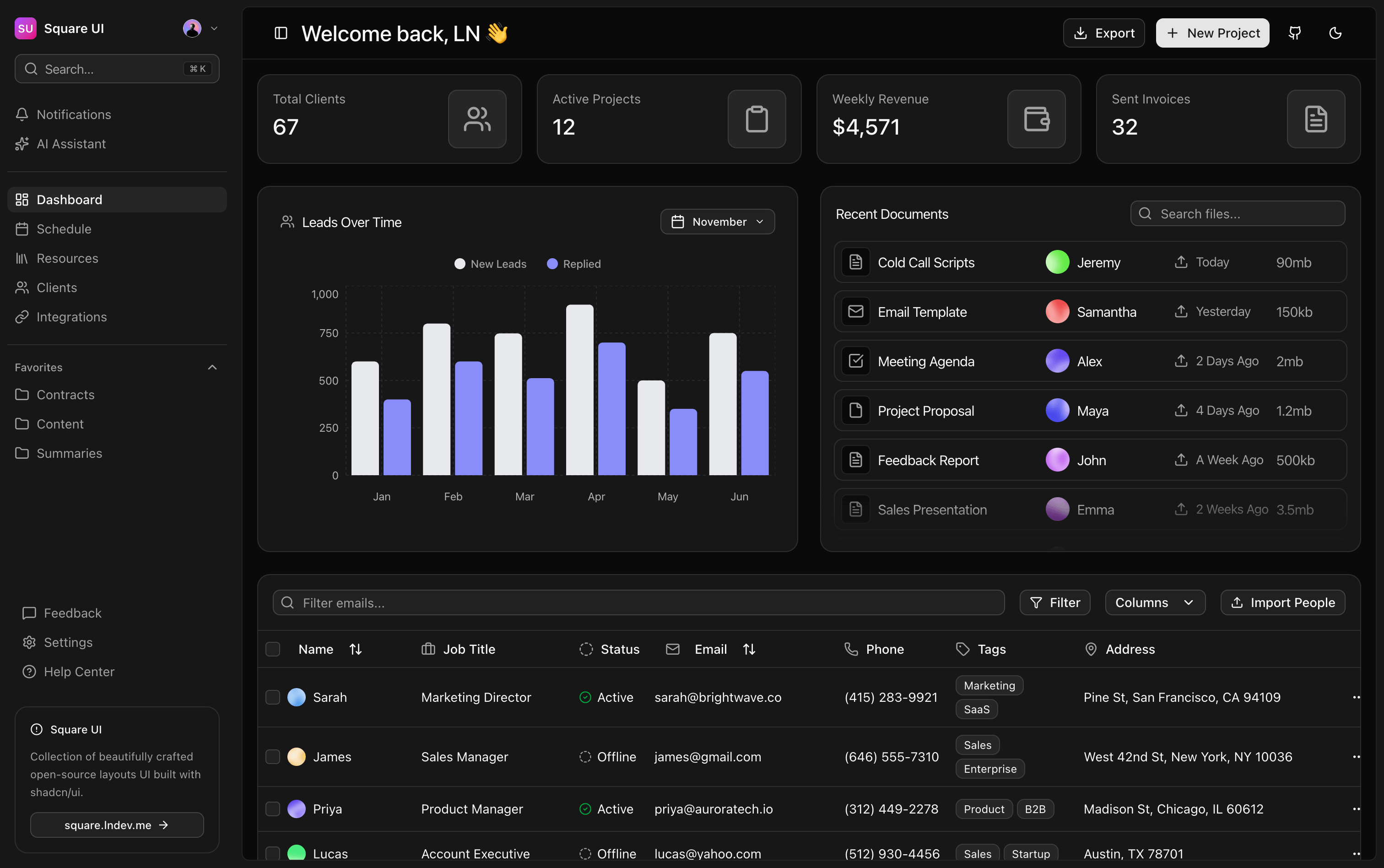 Square App Interface Square UI — Open-source shadcn/ui layouts and templates